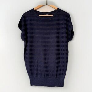 Women's Top Small Wallis Navy Blue Short Sleeve Striped Metallic Knit Oversized